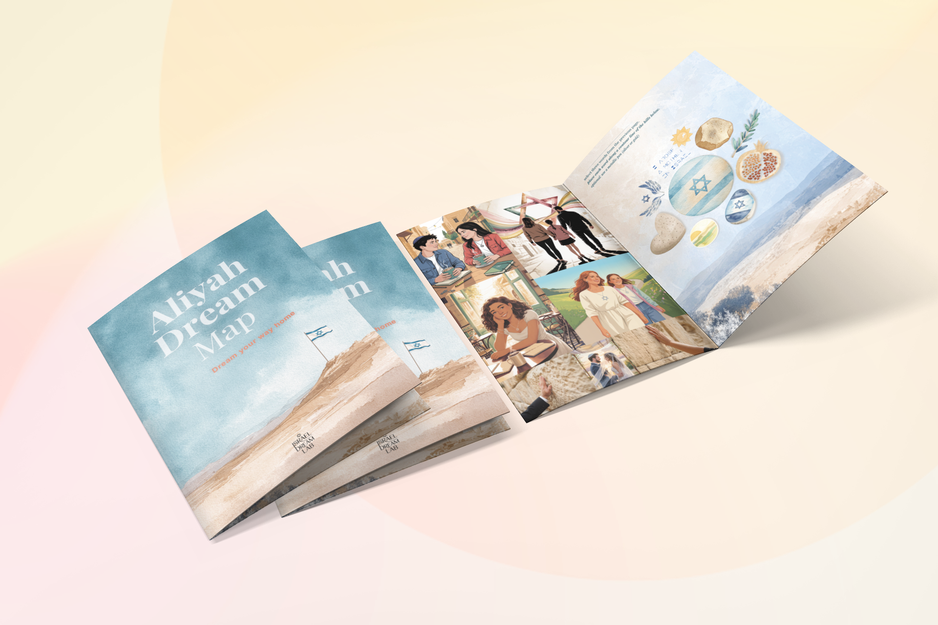 Aliyah Dream Map Kit booklet open to a foldout spread with illustrated family scenes and a Jewish holiday page