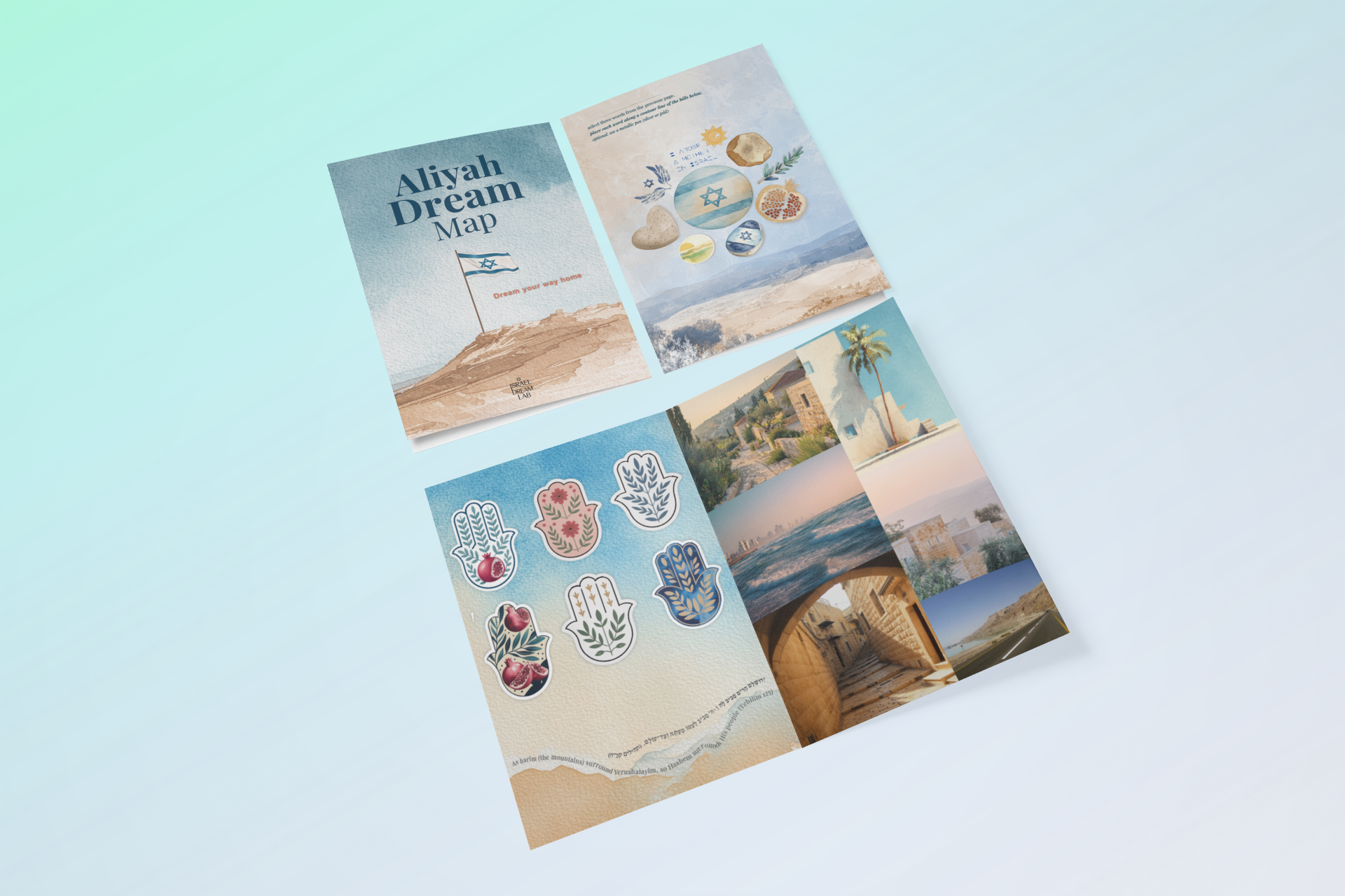 Aliyah Dream Map Kit pages showing hamsa and pomegranate stickers, a Jewish symbols collage, and photos of Israeli architecture and coastline