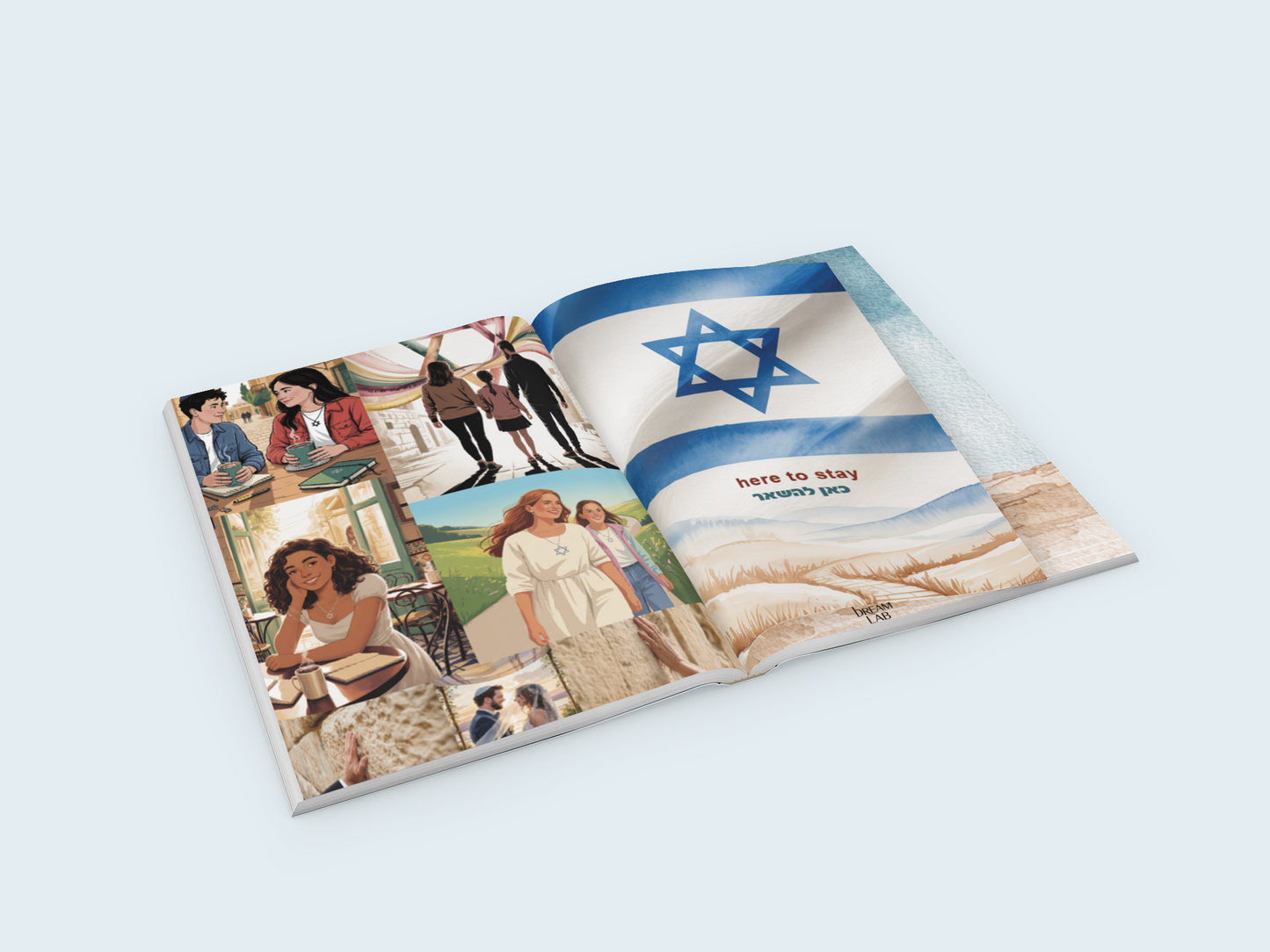 Aliyah Dream Map Kit page with an Israeli flag illustration reading "Here to stay" alongside a photo collage of people connecting to Israel
