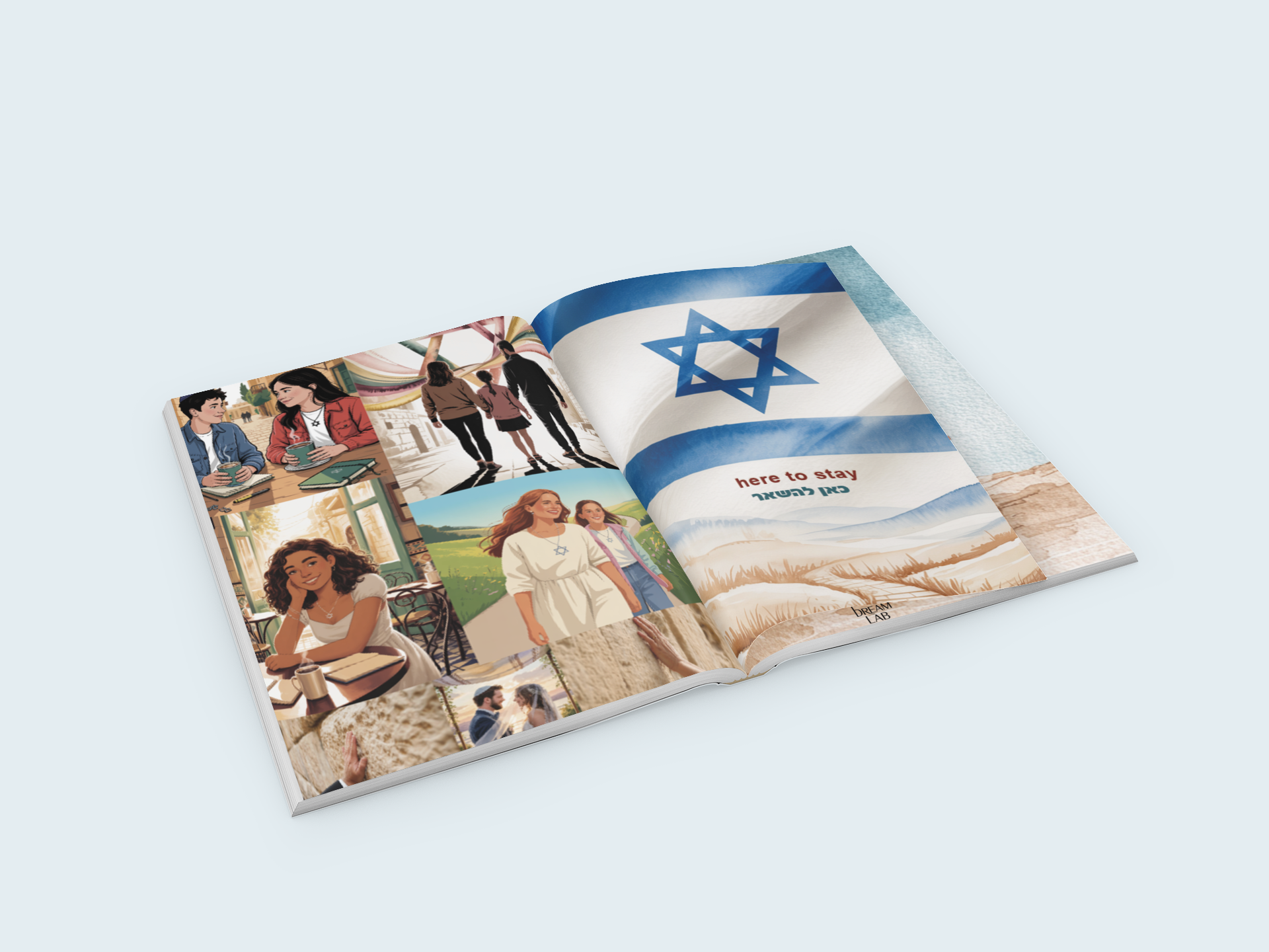 Aliyah Dream Map Kit page with an Israeli flag illustration reading "Here to stay" alongside a photo collage of people connecting to Israel