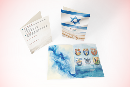 Aliyah Dream Map Kit pages showing guided reflection prompts, an Israeli flag card reading "here to stay," and Israel Defense Forces unit emblems