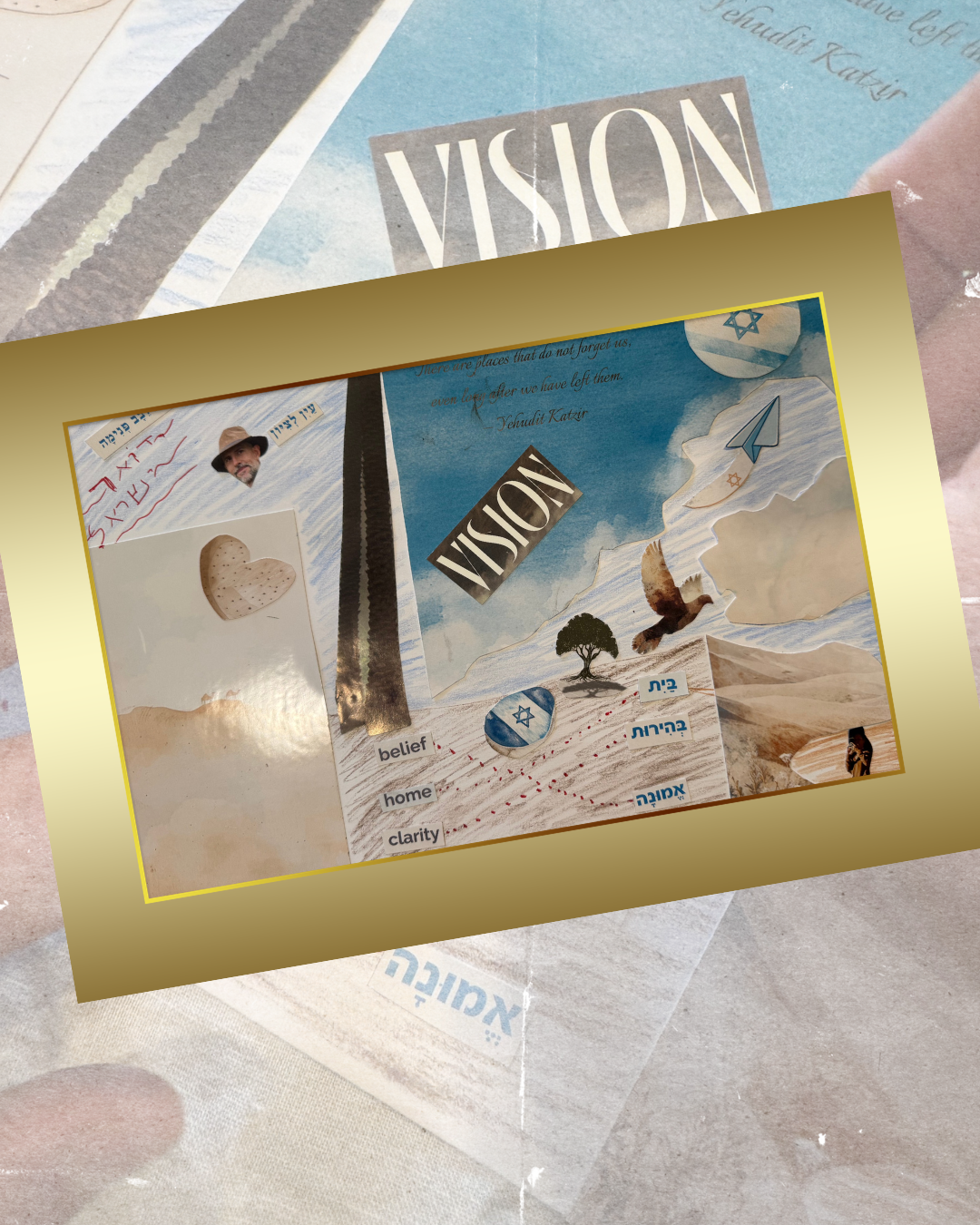 A gold-framed vision board collage from the Aliyah Dream Map Kit with cut-out words like "belief," "home," and "clarity" and a dove flying toward Israel