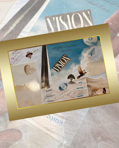 A gold-framed vision board collage from the Aliyah Dream Map Kit with cut-out words like "belief," "home," and "clarity" and a dove flying toward Israel